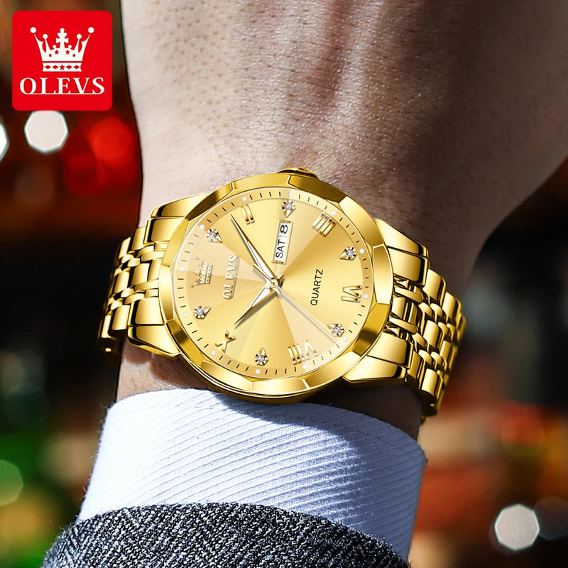 OLEVS New Watch for Men Original Quartz Waterproof Male Wristwatch Gold Stainless