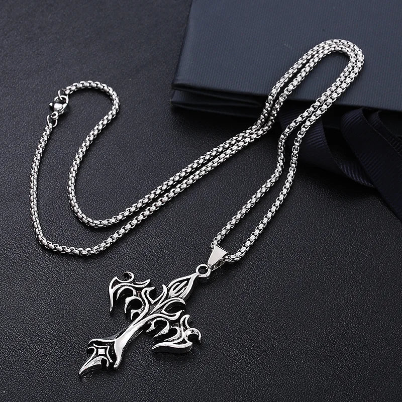 Fashion Vintage Flame Cross Pendant Necklace For Women Men Punk Goth