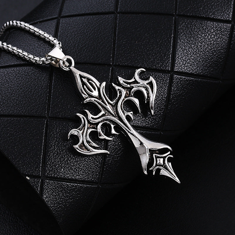 Fashion Vintage Flame Cross Pendant Necklace For Women Men Punk Goth