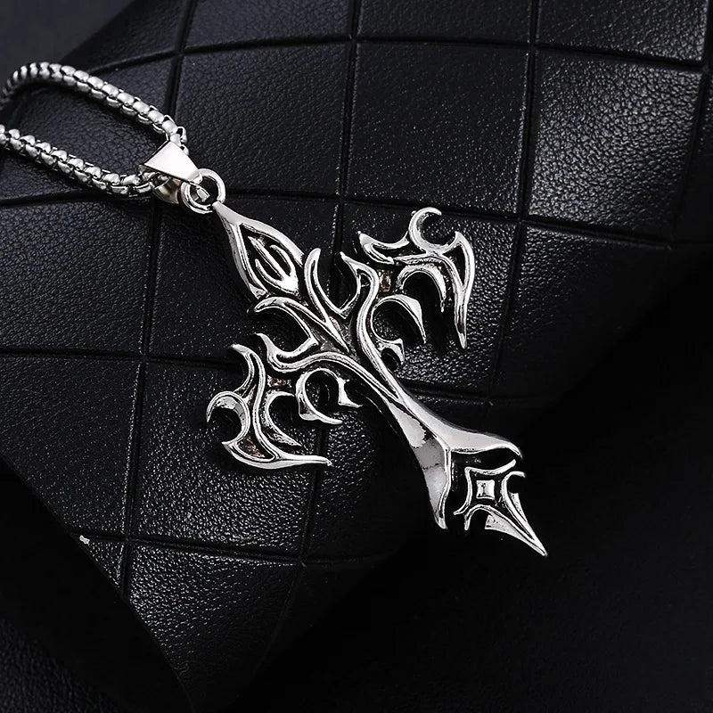 Fashion Vintage Flame Cross Pendant Necklace For Women Men Punk Goth