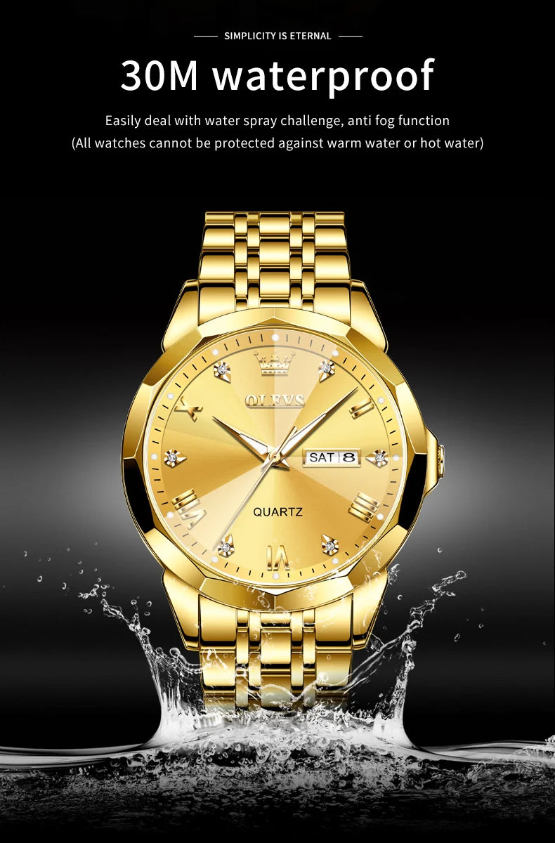 OLEVS New Watch for Men Original Quartz Waterproof Male Wristwatch Gold Stainless