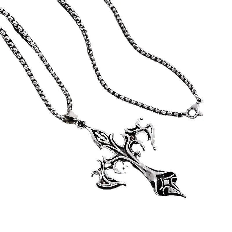 Fashion Vintage Flame Cross Pendant Necklace For Women Men Punk Goth