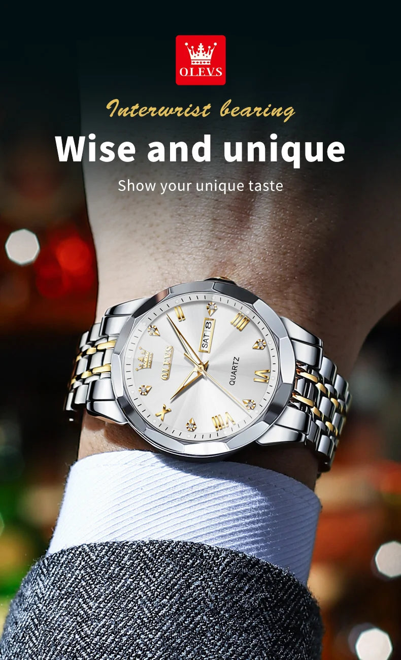 OLEVS New Watch for Men Original Quartz Waterproof Male Wristwatch Gold Stainless
