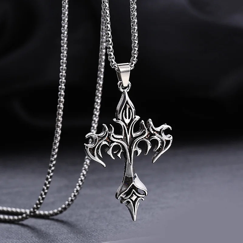 Fashion Vintage Flame Cross Pendant Necklace For Women Men Punk Goth
