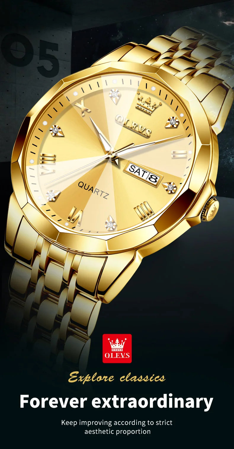 OLEVS New Watch for Men Original Quartz Waterproof Male Wristwatch Gold Stainless