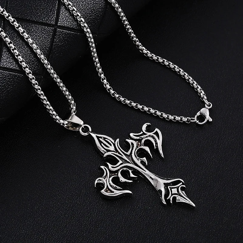 Fashion Vintage Flame Cross Pendant Necklace For Women Men Punk Goth