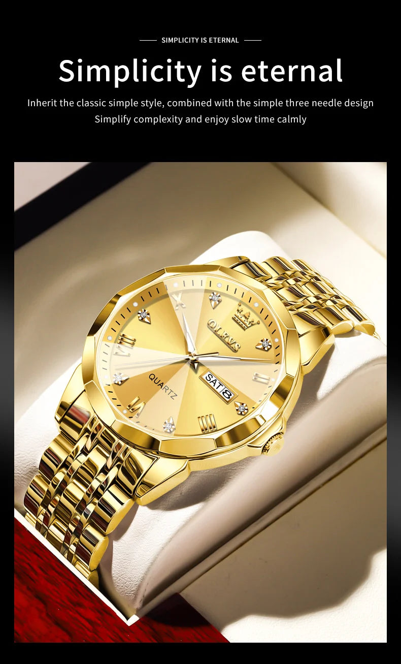 OLEVS New Watch for Men Original Quartz Waterproof Male Wristwatch Gold Stainless